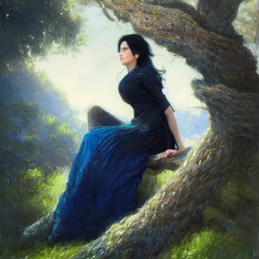 Image similar to portrait of a strong woman resting on a large tree, short black hair, thoughtful experssion, minimal dark blue clothing, sharp focus, ultra realistic digital painting, colorful, backlit, high fantasy, intricate, highly detailed, smooth, elegant, gaston bussiere, bayard wu, greg rutkowski