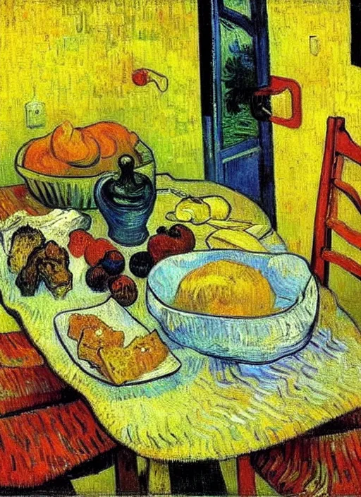 Prompt: good morning, artist painting on a canvas showing breakfast, painting by vincent van gogh, paul gauguin