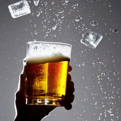 Prompt: photo of ice cubes being dropped into beer,