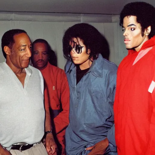 Image similar to bill cosby, michael jackson, and oj simpson in a prison cell together, award winning, 8k