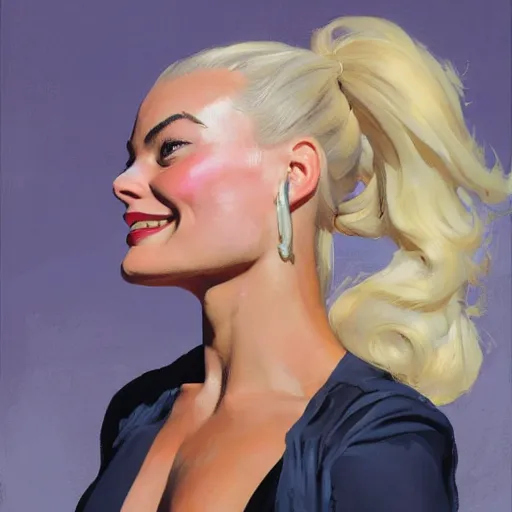 Prompt: greg manchess portrait painting of smiling margot robbie as beautiful thick muscular female bodybuilder zarya from overwatch, medium shot, asymmetrical, profile picture, organic painting, sunny day, matte painting, bold shapes, hard edges, street art, trending on artstation, by huang guangjian and gil elvgren and sachin teng