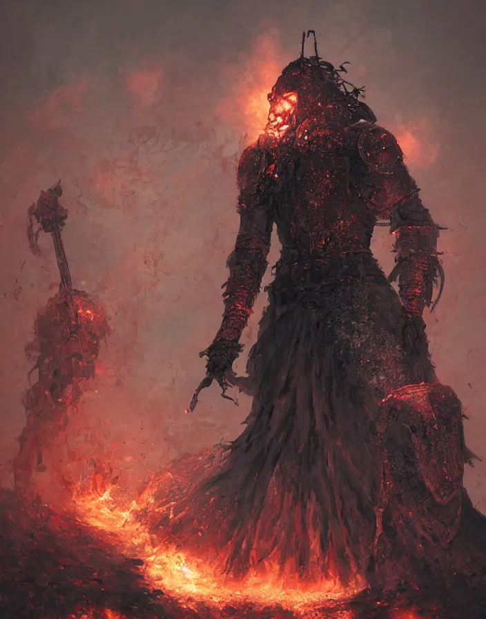 Prompt: folk horror illustration of the soul of cinder (a warrior in heavy iron armor that burns with eternal flame), dark souls 3 artwork, art by greg rutkowski, art by craig mullins, art by Masanori Warugai, art by Yoshitaka Amano