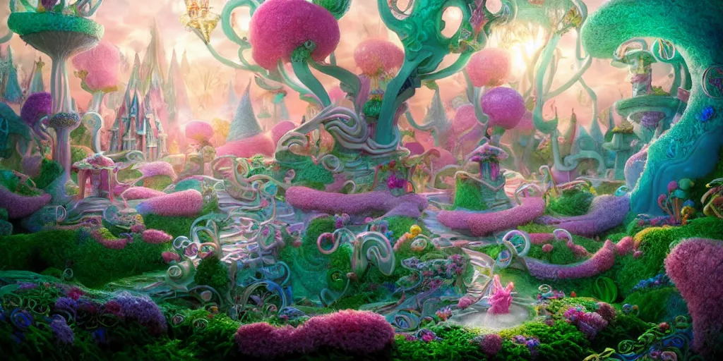 Image similar to Wonderland, Feywild, Utopia, Candyland, Oz, Pyroland, Sugar Rush, by Arcutomory and BarretFrymire and Tim White and John Stephens and Lewis Carroll, intricate, elegant, light pink mist, highly detailed, dramatic lighting, sharp focus, hyper realistic, digital art, octane render, deviantart, trending on artstation, artstationHD, artstationHQ, unreal engine, 4k, 8k