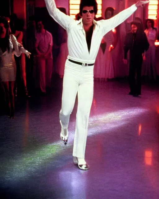 Image similar to john travolta as white suited tony manero in saturday night fever dancing at a disco with an multicolored illuminated floor, cinematic, 1 9 7 0 s style