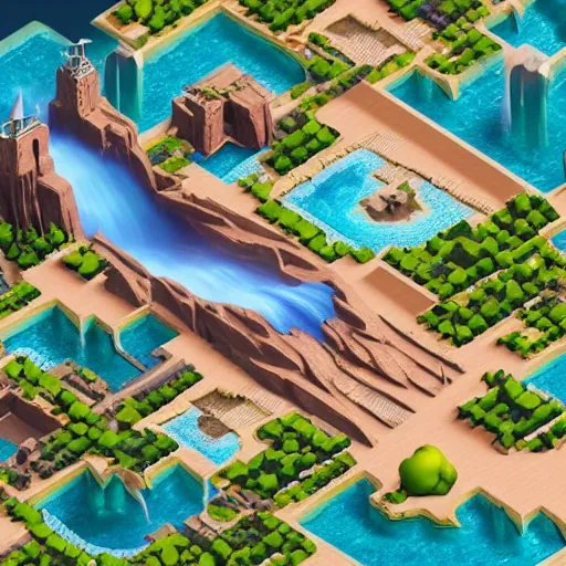 Image similar to isometric webdesign icon for ruins desert oasis with waterfall, 3d render, high details, cinematic, by Artgerm, tooth wu, dan mumford, beeple, wlop, rossdraws, James Jean, Andrei Riabovitchev, Marc Simonetti, yoshitaka Amano, Artstation