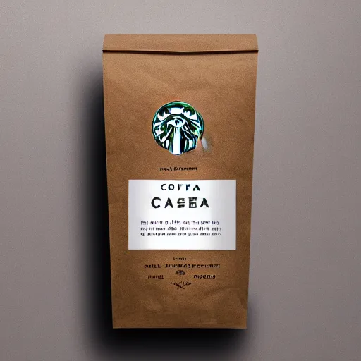 Image similar to Cascara Coffee, New Starbucks coffee bag, package design, 3d 8k render, realism, cgi render by product marketing, white background