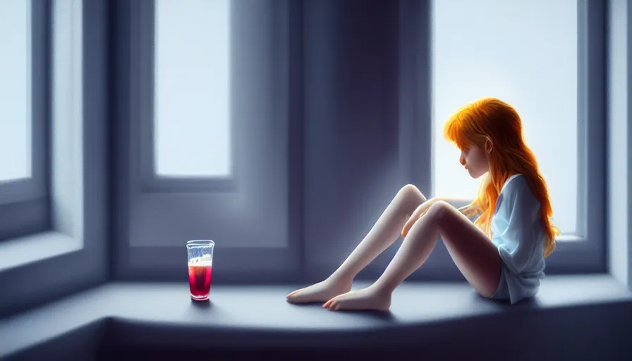 Prompt: young girl sitting beside the window drinking a glass of water, long blonde hair, sharp focus, hyperdetailed, artstation, cgsociety, 8k