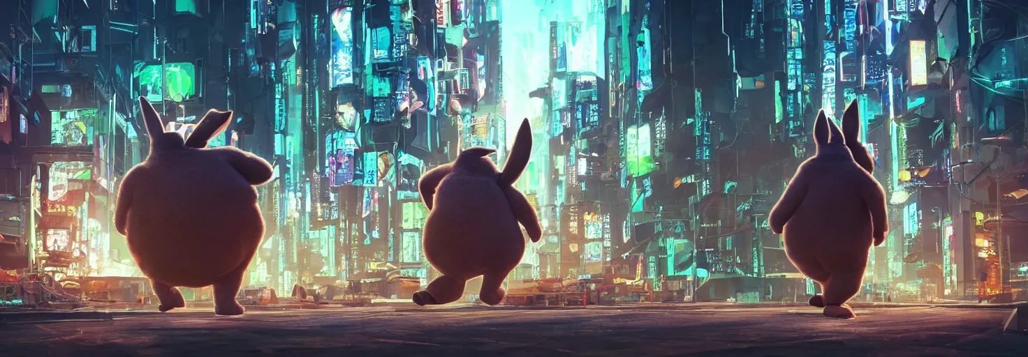 Image similar to photo big chungus roaming in a cyberpunk futuristic city