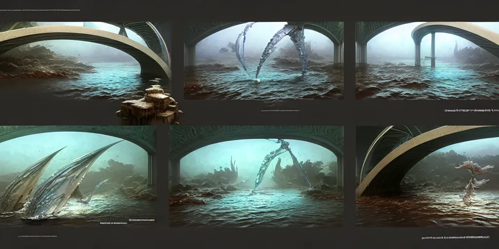 Image similar to study material with side perspective, transparent water River flow, realistic water foam,agua droplets, underwater, bridge made of water ,physically based rendering, defined features by ellen jewett, tomasz alen kopera and Justin Gerard