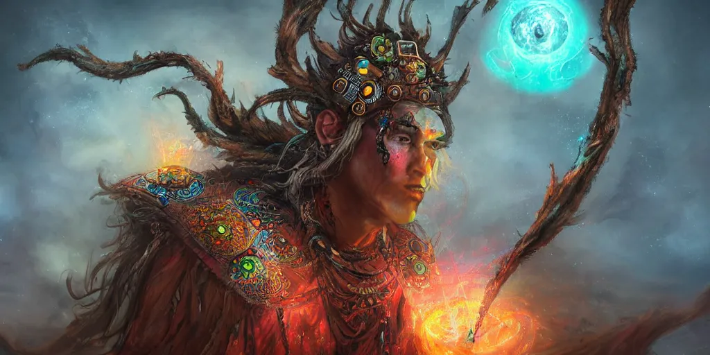 Prompt: cosmic shaman, fantasy apocalypse, digital art, 4 k