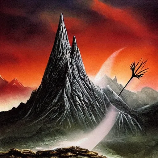 Prompt: Lord of the Rings cover art of the misty Mountains with the shadow of a forked tower over them in the style of J.R.R Tolkien