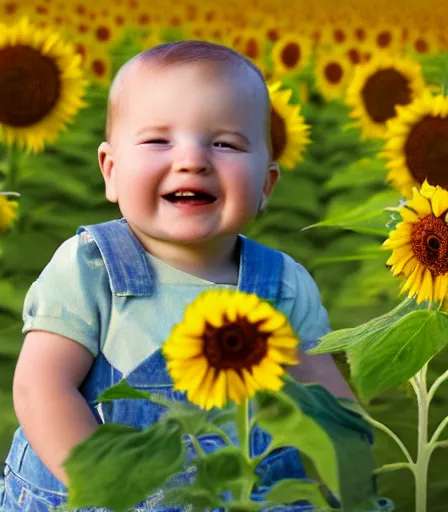 Prompt: A baby smiling, in field of sunflowers.