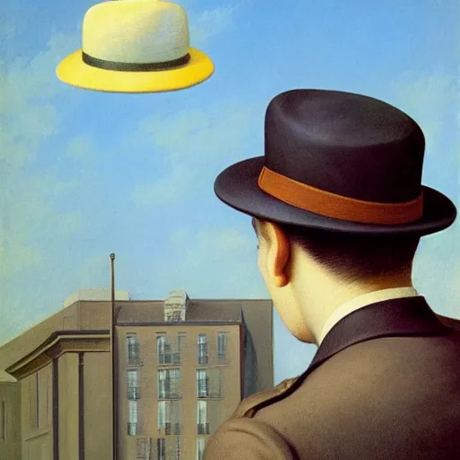 Image similar to a detective loses his hat in the wind by Raphael, Hopper, and Rene Magritte. detailed, romantic, enchanting, trending on artstation.