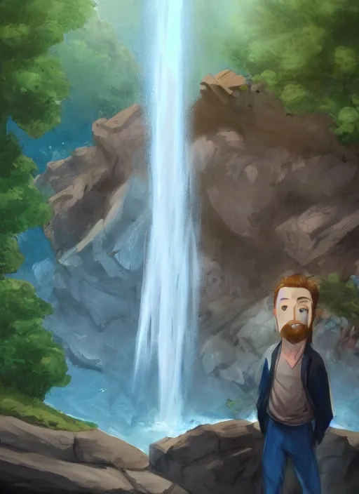 Prompt: a drawing of a man standing in front of a waterfall, concept art by senior environment artist, featured on deviantart, environmental art, concept art, official art, 2 d game art