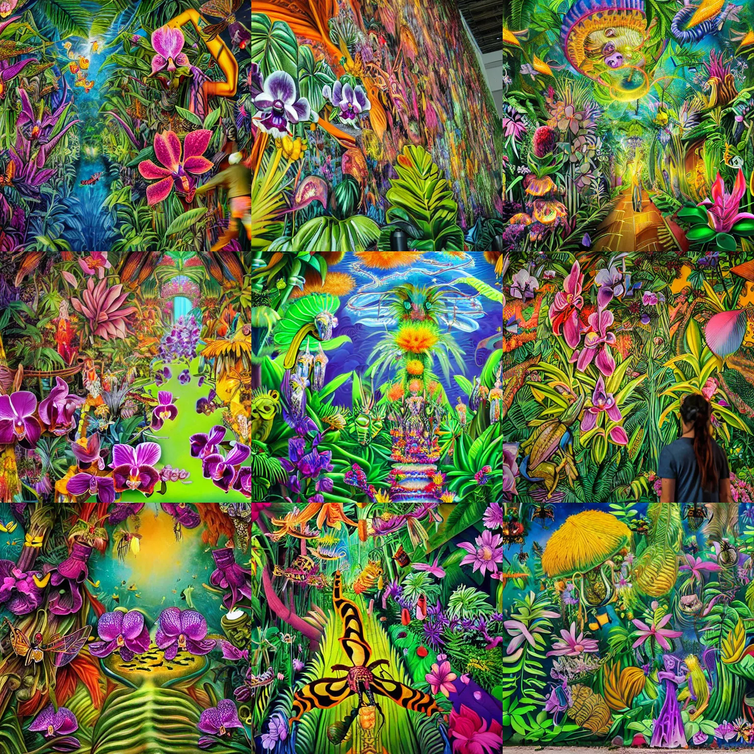 Prompt: A mural of a surreal acid trip to a gigantic flower jungle. Exotic orchids and fireflies are everywhere