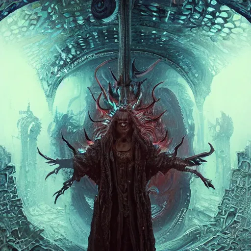 Prompt: hyper realistic portrait of a Necronomicon demon character in a hell portal in a film, art by Greg Rutkowski , art by Dmitry Prozorov, art by Izabela Poznańska, sci-fi, fantasy, intricate, ornate, very very beautiful, elegant, highly detailed, digital painting, artstation, concept art, smooth, sharp focus, illustration