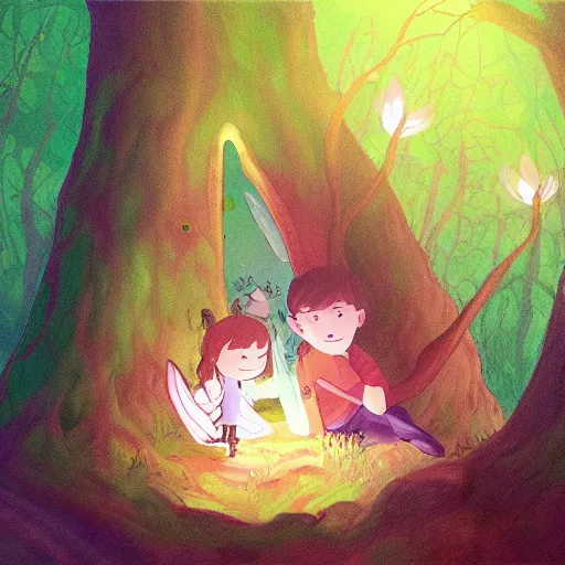 Prompt: a faerie and firefly couple living inside a hollow in a tree, masterpiece soft focus painting by kerascoet by marie pommepuy and sebastien cosset by studio ghibli, dynamic lighting