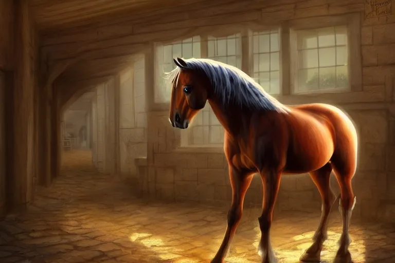 Image similar to A horse attempting to solve a jigsaw puzzle!!!, looking confused, cinematic lighting, evening light, stables, digital painting, volumetric light, concept art, trending on artstation