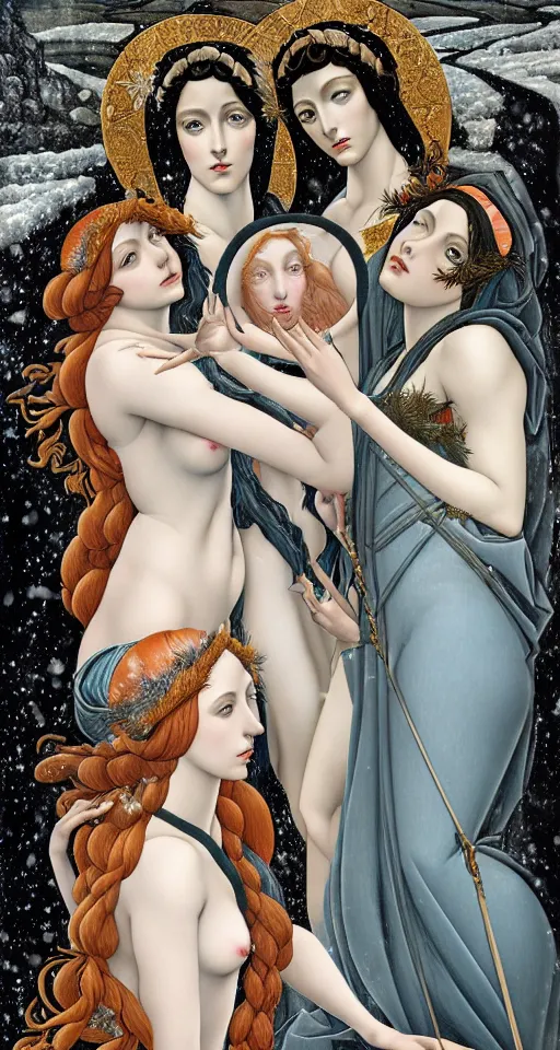 Prompt: the 3 Goddesses of Winter, in a mixed style of Botticelli and Æon Flux, inspired by pre-raphaelite paintings and shoujo manga, surrounded by a harsh icy winter landscape, hyper detailed, stunning inking lines, flat colors, 4K photorealistic