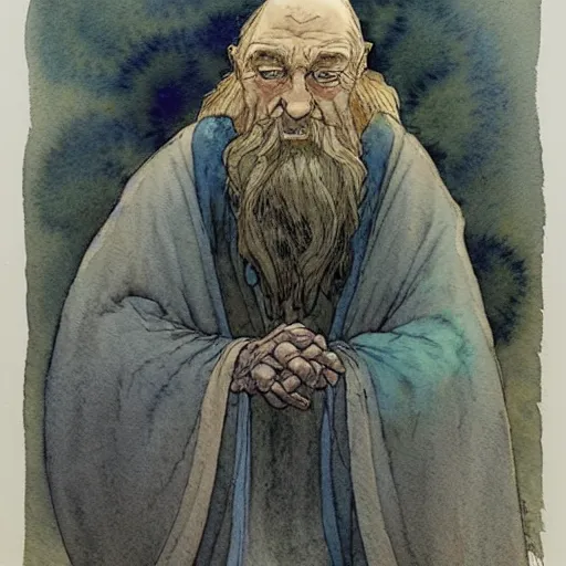 Image similar to a simple and atmospheric watercolour fantasy character concept art portrait of an old and wise wizard, very muted colors, by rebecca guay, michael kaluta, charles vess and jean moebius giraud