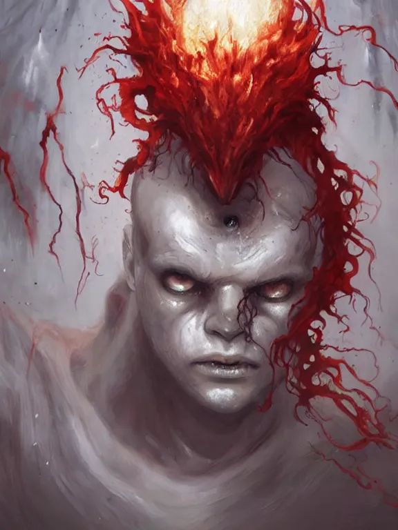 Image similar to painting by greg rutkowski of a flying sorrowful looking human head with tears running down it's eyes, face that is chalk white in color, with long sprawling white tentacles stemming down it's neck, fiery scorching red eyes, flying in a terrying hellish dark cavernous place