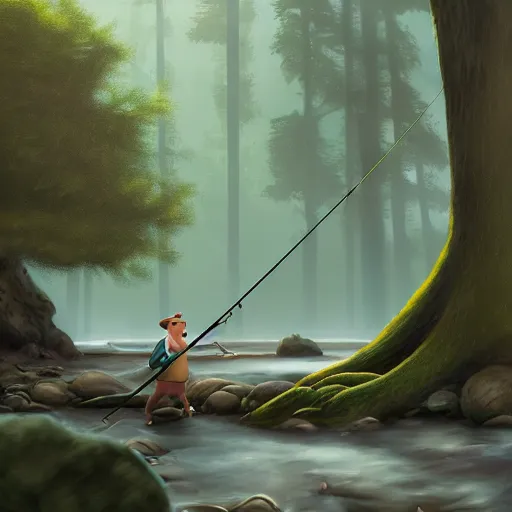 Image similar to painting of otter-fishman with fishing rod, stylized, octane render, morning forest river, Ghibli style, godraze, volume light