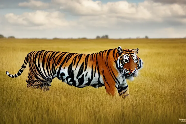 Prompt: a tiger cow hybrid on a grassy field, hyperrealistic, realistic lighting, wildlife photography, natural colors, national geographic photo, hd, wide angle, 8 k, sigma 8 5 mm f 1. 4