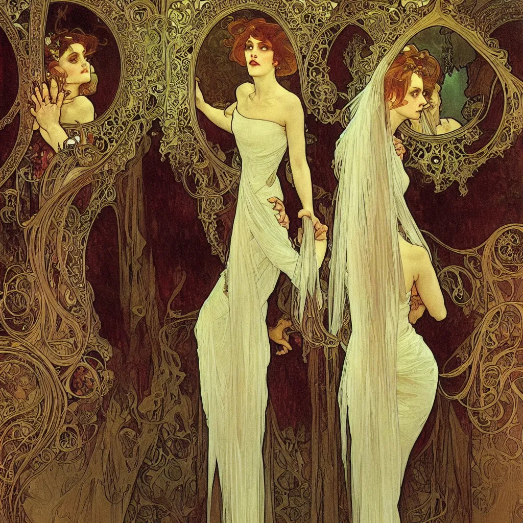 Image similar to realistic detailed portrait of a gothic bride in the mirror, god ray behind,, scary style, by alphonse mucha