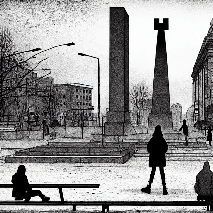 Image similar to storyboard : sadie sink in hoodie sits on bench in ruined square, pedestrians walk by, soviet monument and propaganda posters. scifi cyberpunk. by gabriel hardman. cinematic atmosphere, detailed and intricate, perfect anatomy