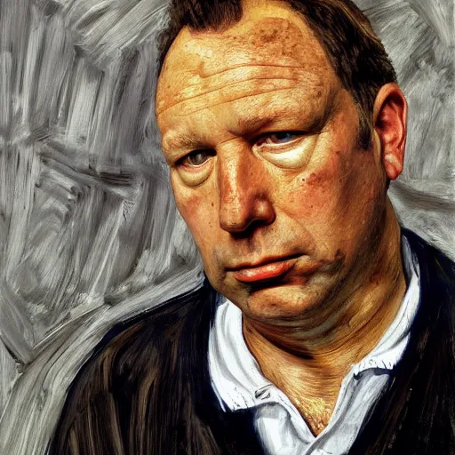 Image similar to high quality high detail painting by lucian freud, hd, exaggerated portrait of alex jones as a political prisoner, photorealistic, studio lighting