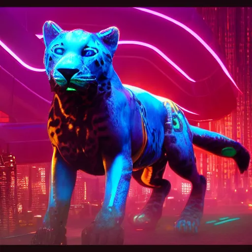 Image similar to a neon cyberpunk jaguar animal, octane render