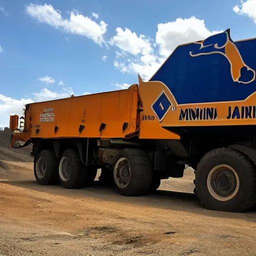 Image similar to A large mining truck with a badger logo, photo credit.