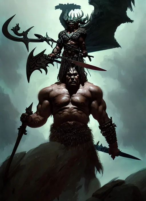 Image similar to a barbarian male horned darkin with a huge sword and wings, dim light, front game card, marvel comics, dark, intricate, highly detailed, smooth, artstation, digital illustration by ruan jia and mandy jurgens and artgerm and wayne barlowe and greg rutkowski and zdislav beksinski