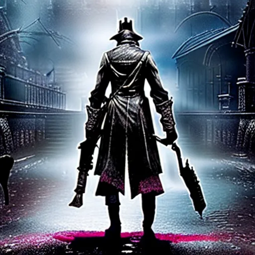 Prompt: A still image from the new Netflix live action adaptation 'Bloodborne', wide shot, a hunter ponders a soda machine