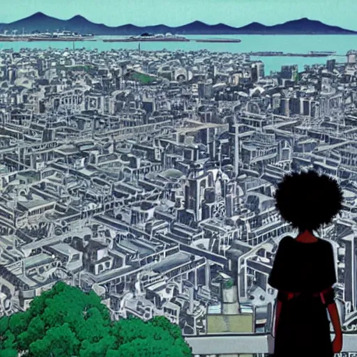 Image similar to a black lady looking out over a city, Miyazaki, studio ghibli