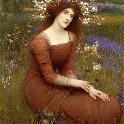 Image similar to beautiful pre - raphaelite woman, flower halo, flowing gown with empire waist in a wildflower meadow, floating leaves, fairys and flower petals in background, painterly, briar patch, thorns, dreamy, painted by jeremy mann, edward burne - jones, and john everett millais, alma tadema, ethereal, stunning, god rays, detailed