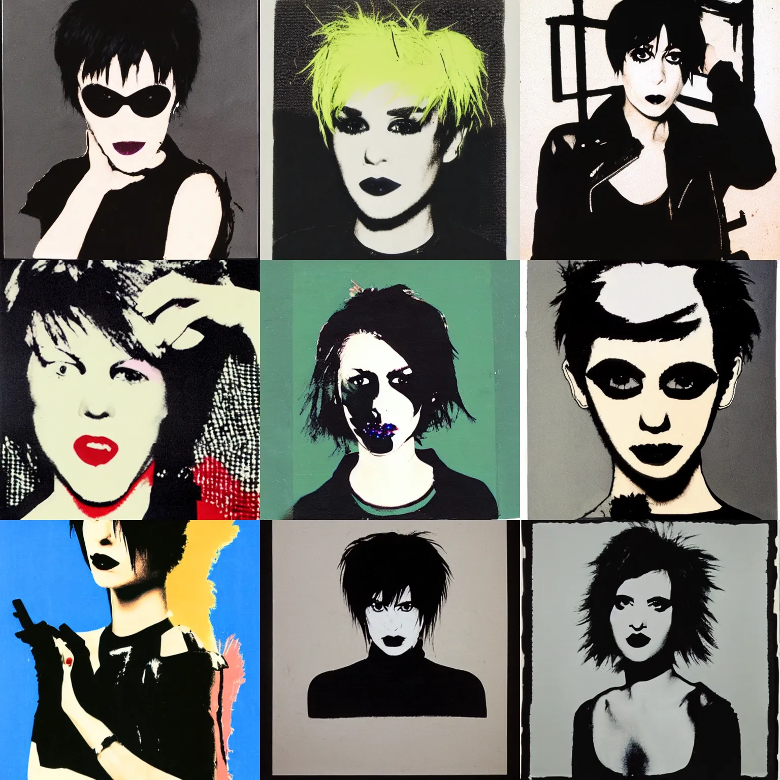 Prompt: an emo by andy warhol. her hair is dark brown and cut into a short, messy pixie cut. she has large entirely - black evil eyes. she is wearing a black tank top, a black leather jacket, a black knee - length skirt, a black choker, and black leather boots.