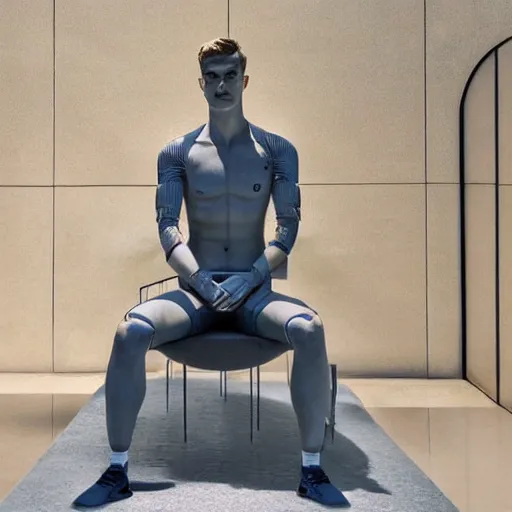 Image similar to a realistic detailed photo of a guy who is an attractive humanoid who is half robot and half humanoid, who is a male android, soccer player matthijs de ligt, shiny skin, posing like a statue, blank stare, by the pool, on display