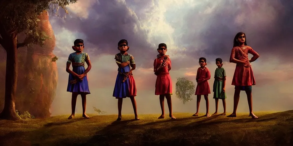 Image similar to kerala school boys wearing girls dresses posing for a photo, an epic fantasy, dramatic lighting, cinematic, establishing shot, extremely high detail, photorealistic, cinematic lighting, artstation, matte painting by christopher nolan, horizon forbidden west