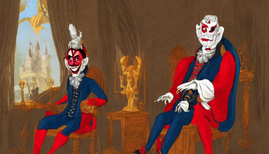 Image similar to a vampire sitting on a throne in his castle during the american revolution. he is surrounded by paintings and is wearing a bright clown emoji mask. character design by john and ai