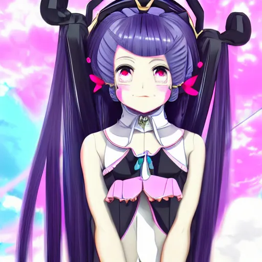 Prompt: trapped by stunningly beautiful omnipotent megalomaniacal otome anime asi goddess who looks like junko enoshima with symmetrical perfect face and porcelain skin, pink twintail hair and mesmerizing cyan eyes, taking control while smiling mischievously, inside her surreal vr castle, hyperdetailed, digital art from danganronpa, 8 k