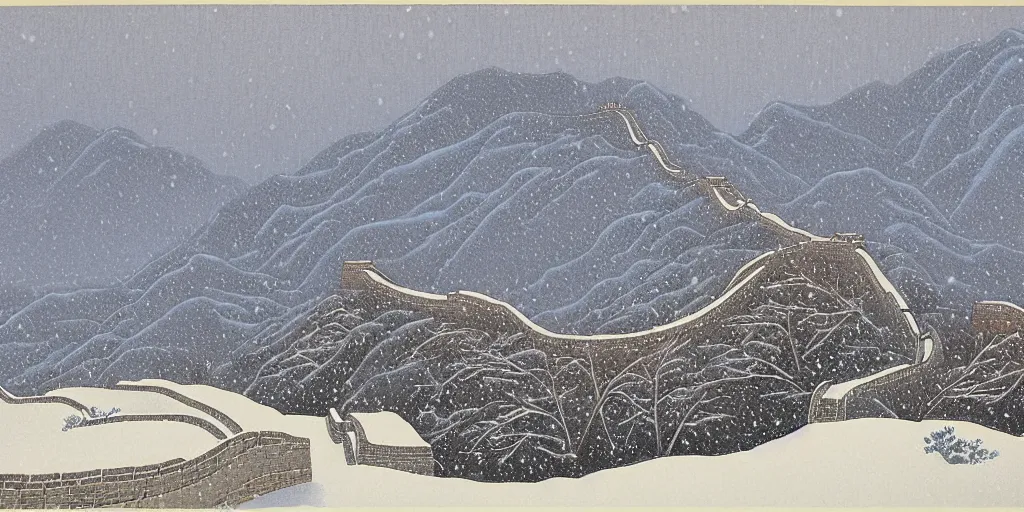 Image similar to The Great Wall, snowy day, Kawase Hasui