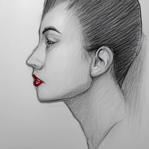 Image similar to drawing of a beautiful young woman that is about to bite into a banana, pencil sketch, profile, side view, close camera