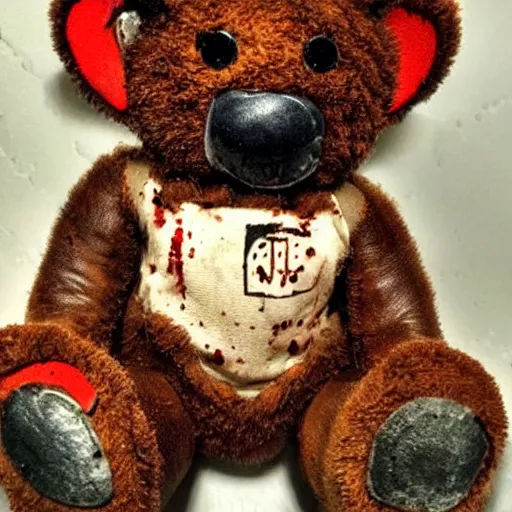 Image similar to a cyborg teddy bear covered in blood