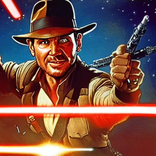 Prompt: indiana jones piloting the millennium falcon in star wars