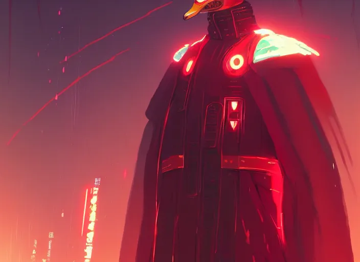 Image similar to cyberpunk mallard duck wearing red cultist robe, details, futuristic, epic, sacrificial altar, landscape illustration concept art anime key visual trending pixiv fanbox by wlop and greg rutkowski and makoto shinkai and studio ghibli and kyoto animation symmetrical facial features