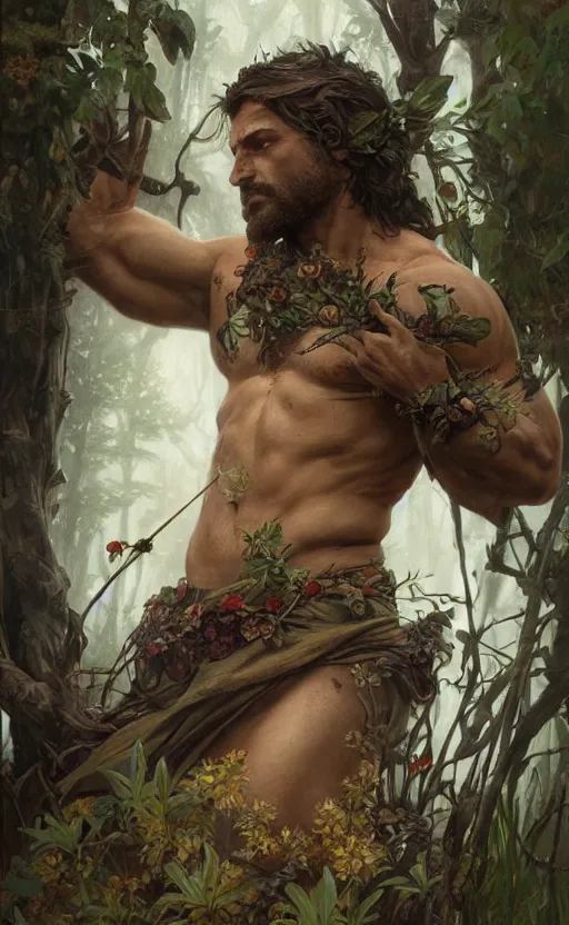 Image similar to god of the forest, rugged, handsome, male, detailed face, clean lines, atmospheric lighting, amazing, full body, thighs, flowers, muscular, intricate, highly detailed, digital painting, deviantart, concept art, sharp focus, illustration, art by greg rutkowski and alphonse mucha