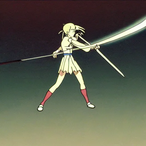 Prompt: a warrior swinging her sword in a full arc, motion blur from the sword, studio ghibli