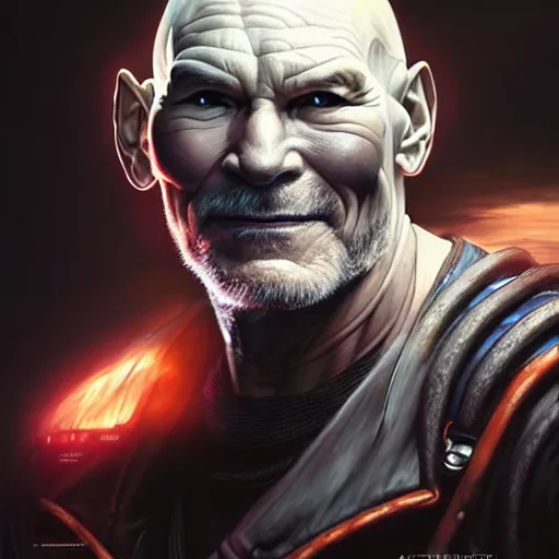 Image similar to portrait painting of a cyberpunk orc doctor extremely muscular patrick stewart with fangs and tusks, ultra realistic, concept art, intricate details, eerie, highly detailed, photorealistic, octane render, 8 k, unreal engine. art by artgerm and greg rutkowski and charlie bowater and magali villeneuve and alphonse mucha