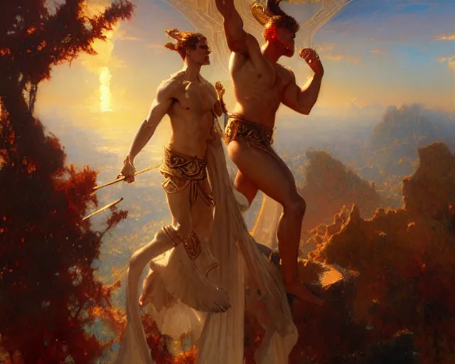 Image similar to attractive heroic male deity, casts magic, summoning handsome heroic lucifer morning star. highly detailed painting by gaston bussiere, craig mullins, j. c. leyendecker 8 k